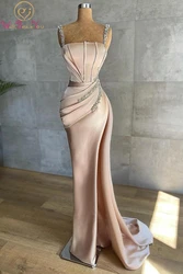 Champagne Long Prom Dresses 2024 Mermaid High Slit Boat Neckline Beaded Spaghetti Straps Evening Gowns Elegant Luxury Turkish