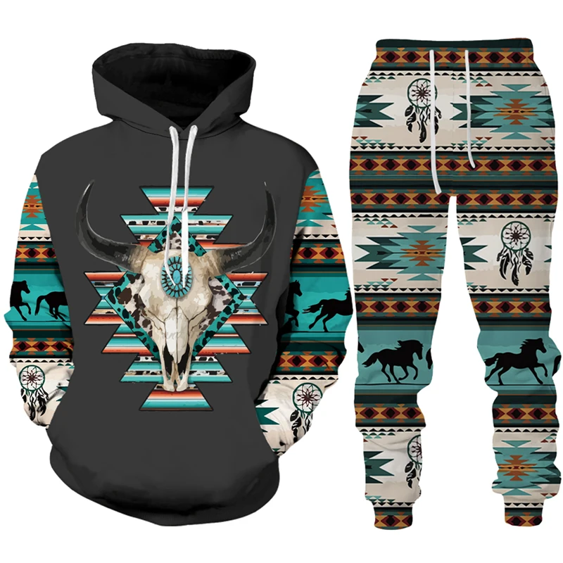 Mannen Hoodies Sets Retro Tribale Koe 3d Print Trainingspak Set Man Hoodie Broek 2 Stuks Set Mode Western Cowboy Streetwear Kleding