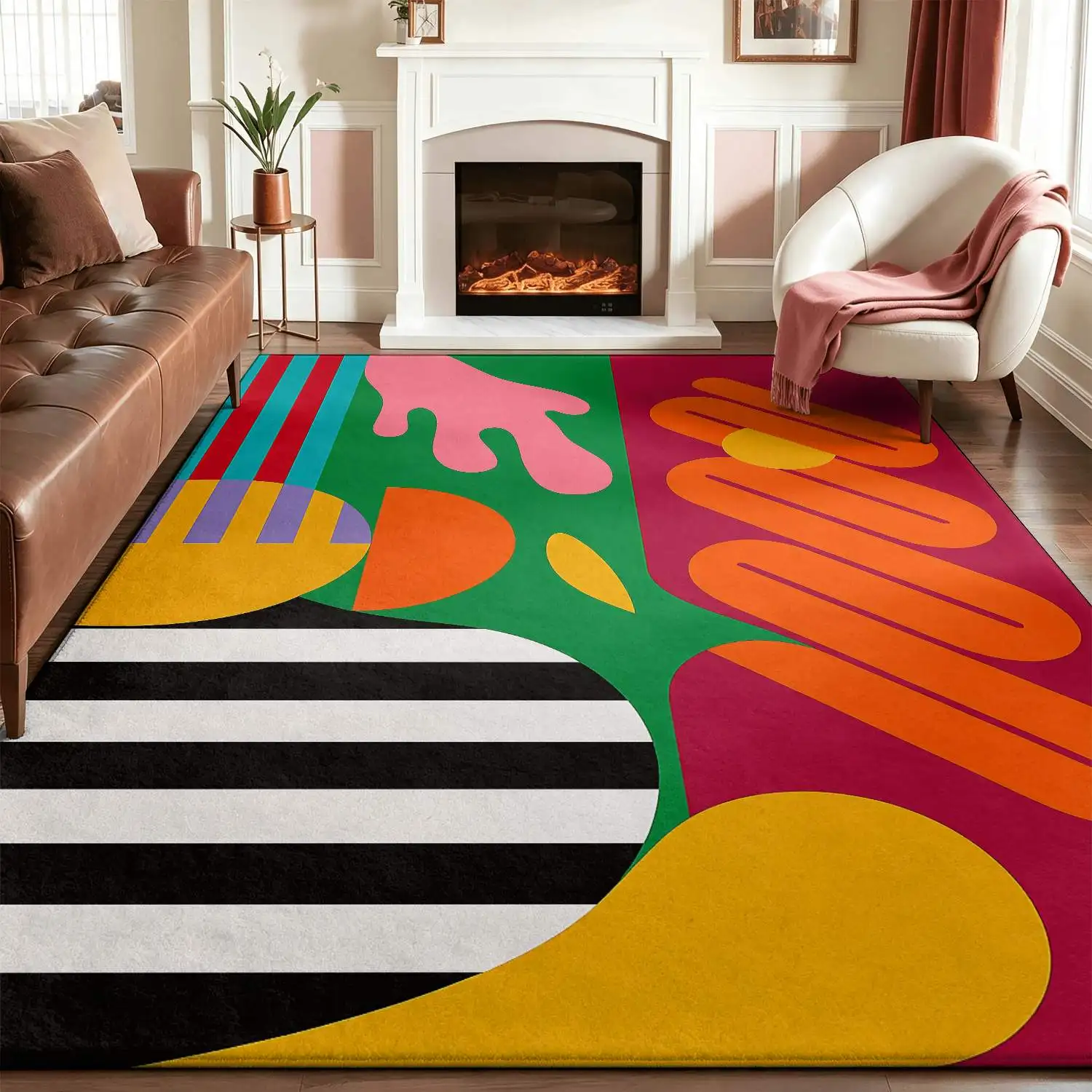 1Pc 2D Printed Carpet: Orange-Green Geometric Abstract Striped Pattern, Modern Minimalist Nordic/Instagram Style Home Decor Floor Mat, Multi-Size, Machine Washable, for Living Room, Bedroom, Dining Room, Entrance, Study