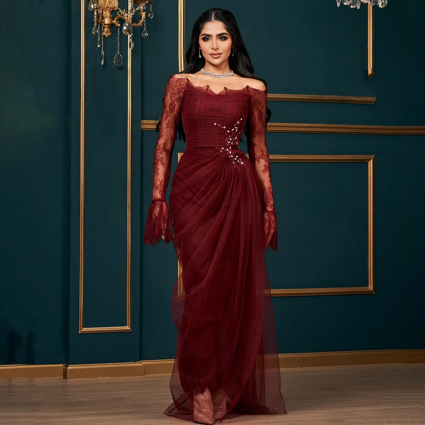 

Sharon Said Wine Red Lace Off Shoulder Evening Dress Beige with Embroidery Crystal for Woman Wedding Arabic SF456 Customized