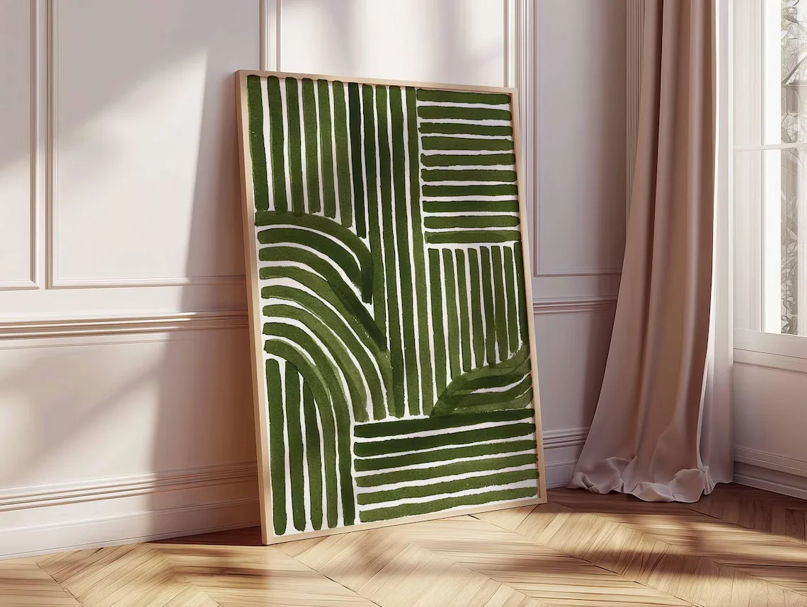 Green Abstract Line Art Print – Modern Minimalist Geometric Poster, Contemporary Wall Decor, Mid Century Inspired Artwork image 3