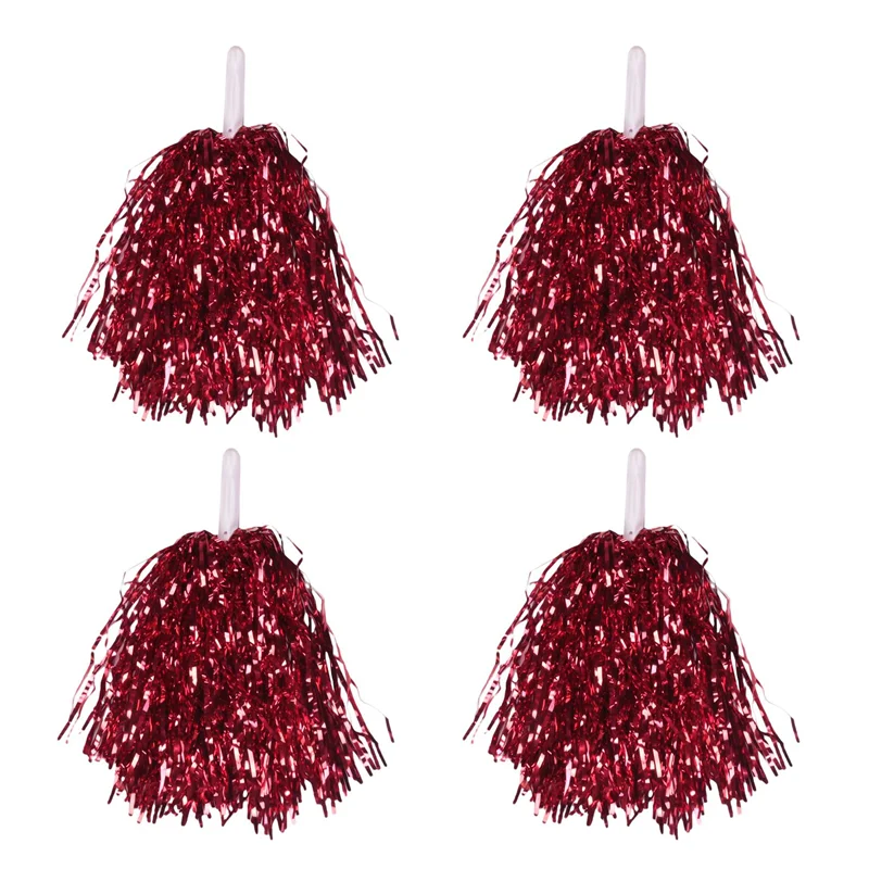 24Pcs Cheerleading Pom Poms Metallic Foil Cheer Pom Poms with Plastic Handle for Adults Kids Cheerleaders Party Red