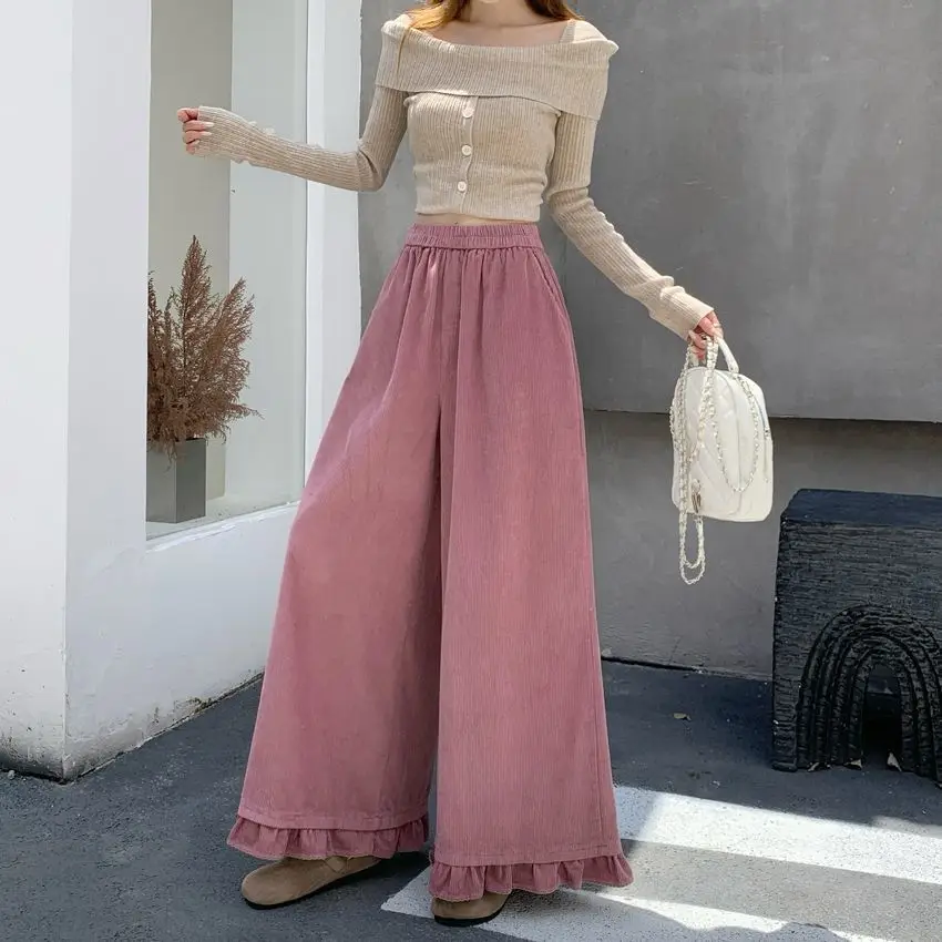 Pink Ruffled Wide Leg Pants for Autumn and Winter Thick Women's High Waisted and Loose Casual Pants with A Hanging Feeling