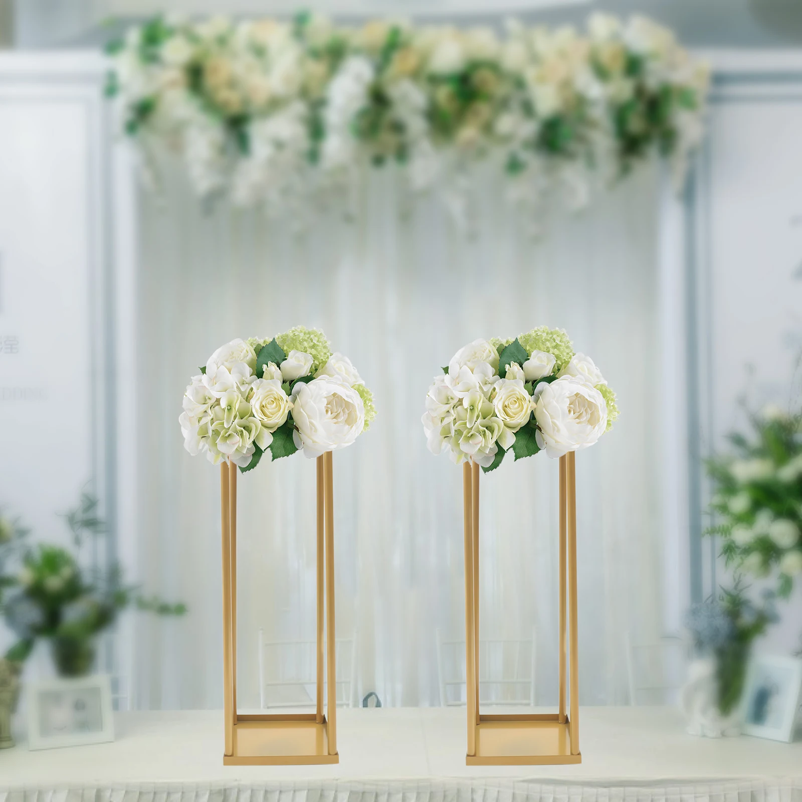 

2Pcs Gold Flower Floor Stand Metal Column Flower Stand,23.6 Inches Tall Wedding Vases Centerpieces, Rectangular Display Rack