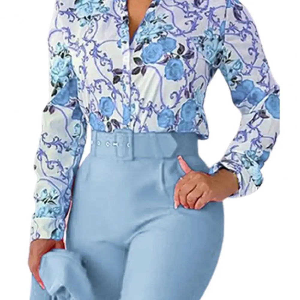 2 teile/satz Langarm V-Ausschnitt Frauen Outfit mit Gürtel Blumen druck Hemd Anzug lange Hose Set hohe Taille Taschen Arbeits kleidung