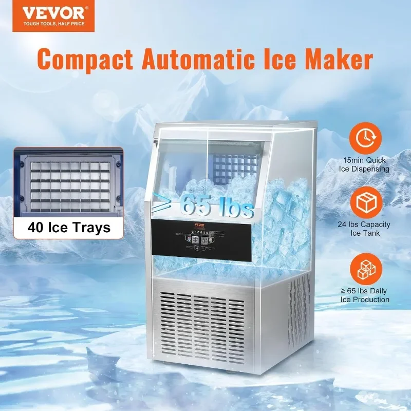 Máquina para hacer hielo comercial VEVOR, máquina para hacer hielo de 65 libras/24 horas con contenedor de 24 libras, construcción de acero inoxidable