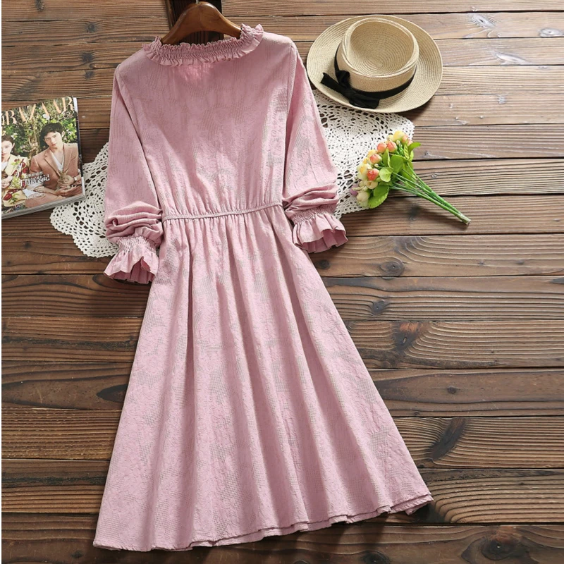 Blue Pink Vintage Dress Spring Autumn Women Long Sleeve Cotton Linen Lace-Up Elegant Vestidos Female Jacquard Dresses