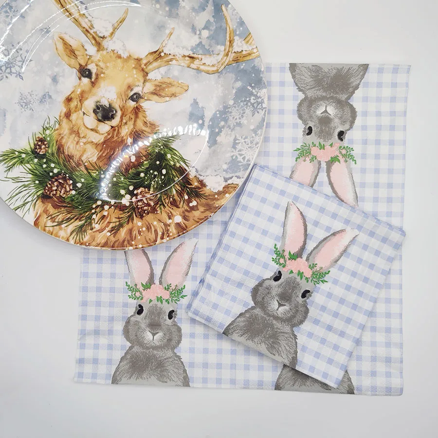 20pcs Pastel Bunny Floral Paper Napkins - 25x25cm 2-Ply Soft, Square Placemats with Grey Rabbit, Pink Flowers