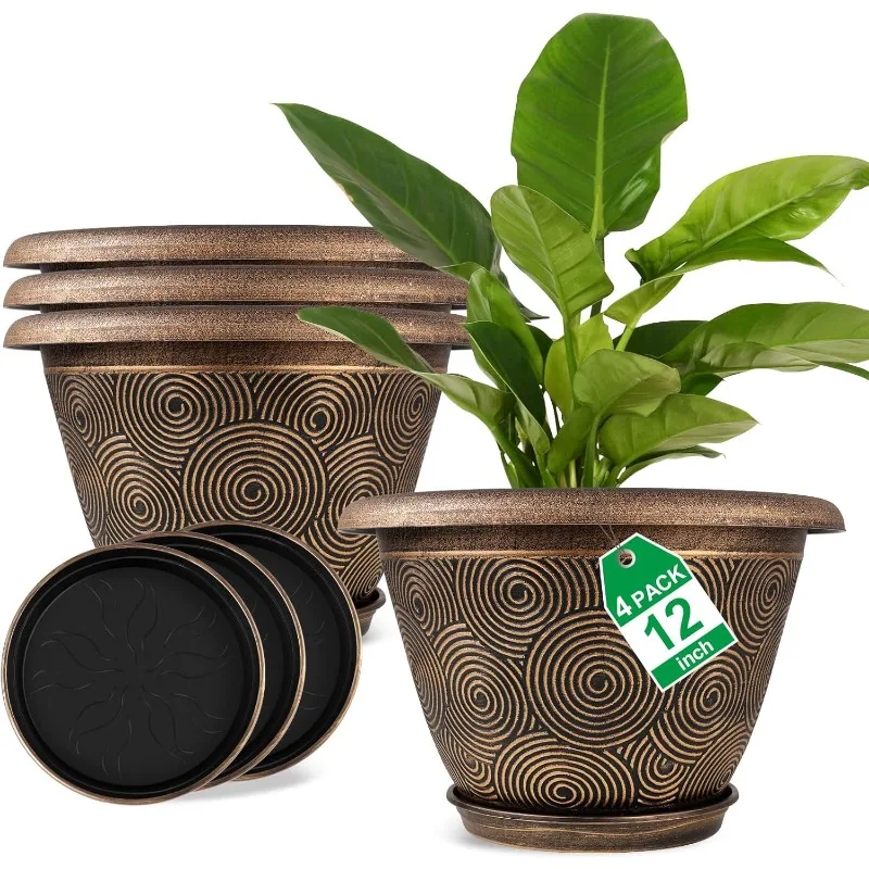 12 Inch Large Planter Pot for Plants Indoor Outdoor, 4 Pack Plastic Flower Pots with Drainage Hole & Tray