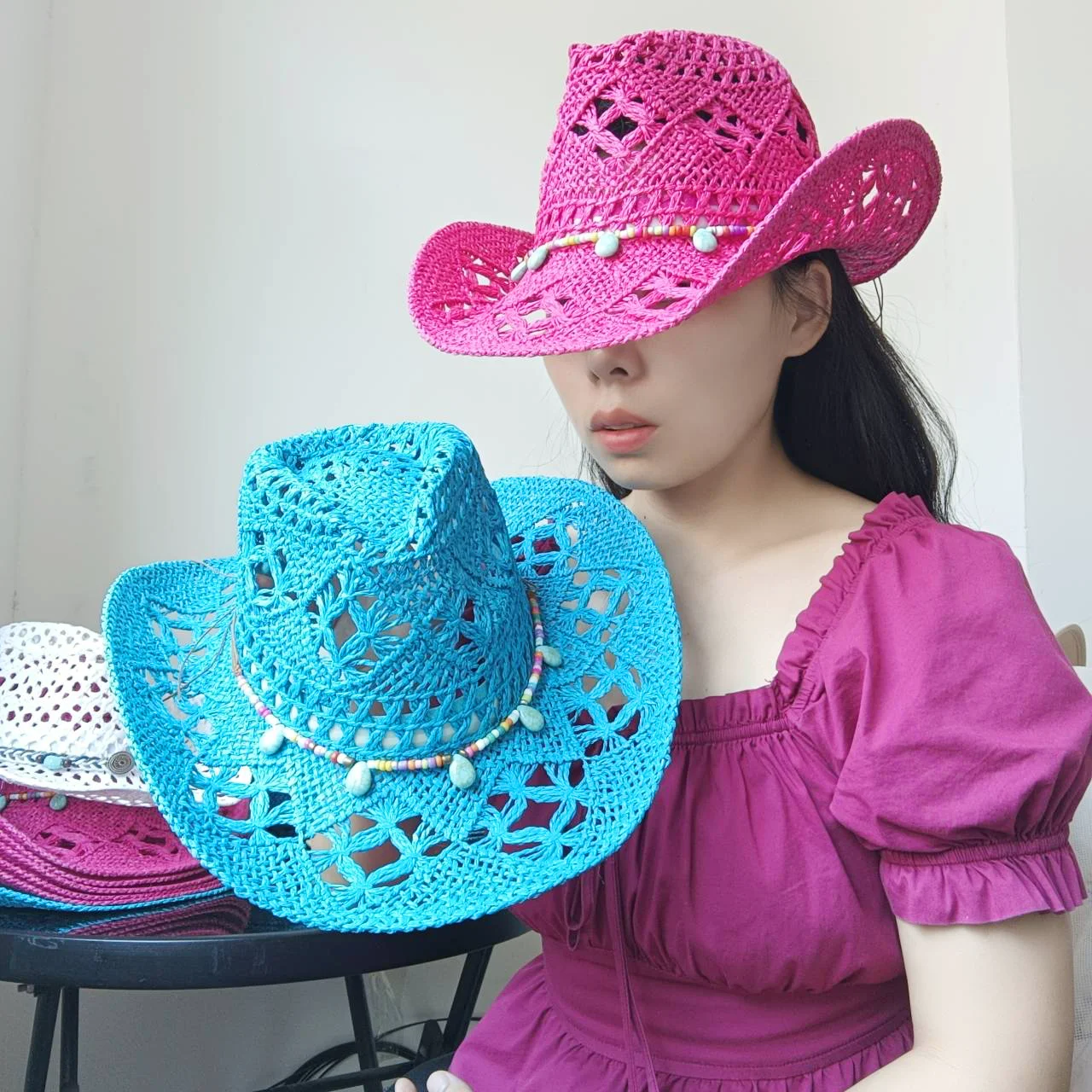 The latest Cowboy hat rose red retro straw hat 2023 new men\'s and women\'s jazz Cowboy hat straw hat sun hat summer hat sombrero