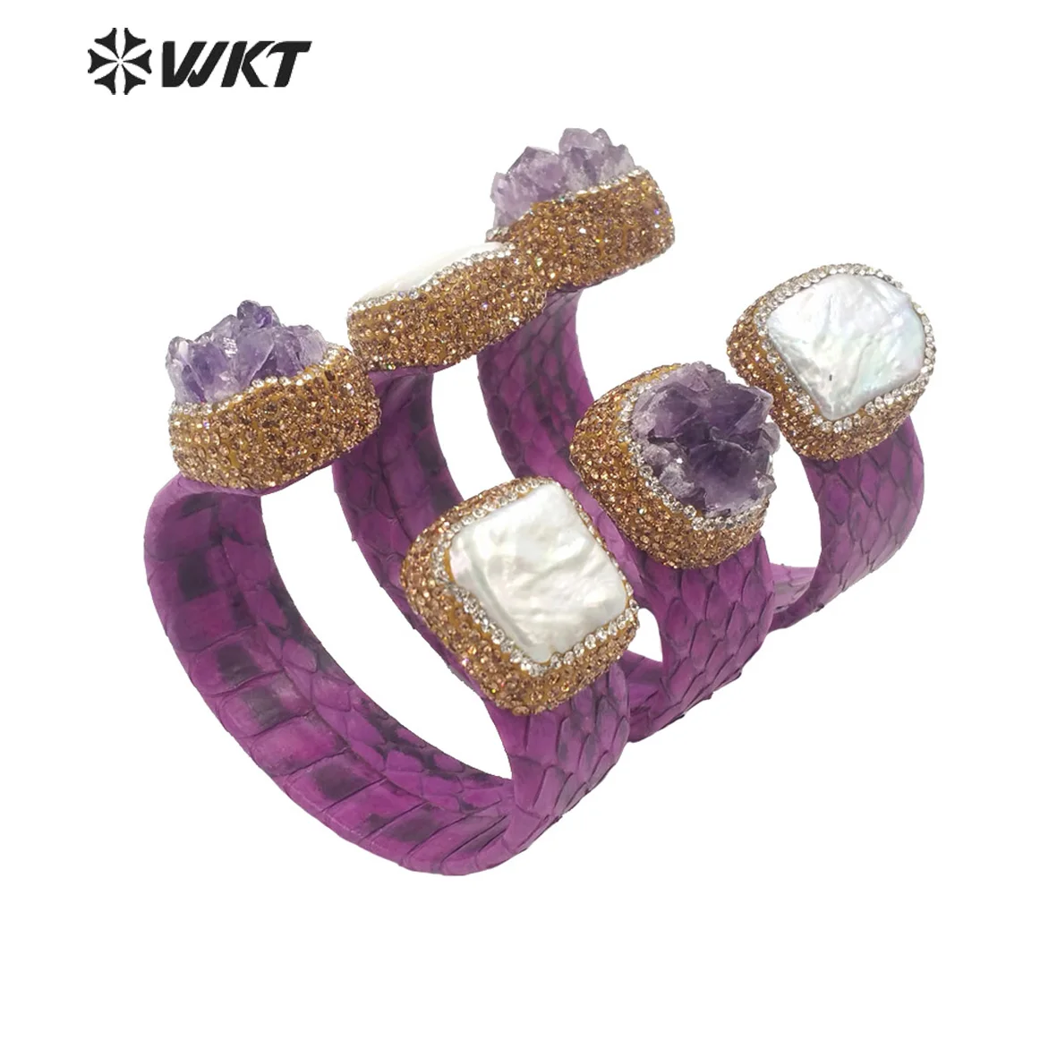 WT-B623 Gorgeous Bohemian Genuine Leather Pearl Amethyst Bangle With Rhinestone Handmake Dubai Diamond Stone Jewelry