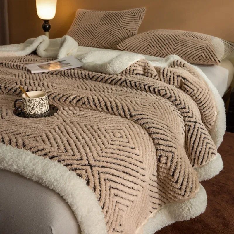 

Solid Striped Warm Multi-functional Fleece Autumn Winter Blanket Thickened Artificial Wool Sofa Blankets Nap Blanket
