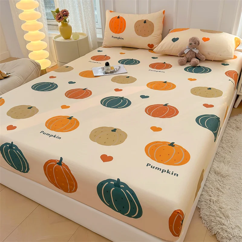 Cotton Autumn Pumpkin Fitted Sheet with 2 Pillowcase Cartoon Love Heart Pattern Deep Pocket Bed Sheet Set for Thanksgiving Gift