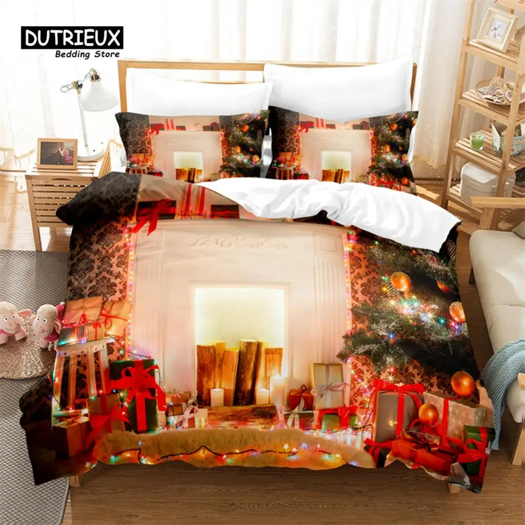 

Fireplace Christmas Bedding Set, 3Pcs Duvet Cover Set, Soft Comfortable Breathable Duvet Cover, For Bedroom Guest Room Decor