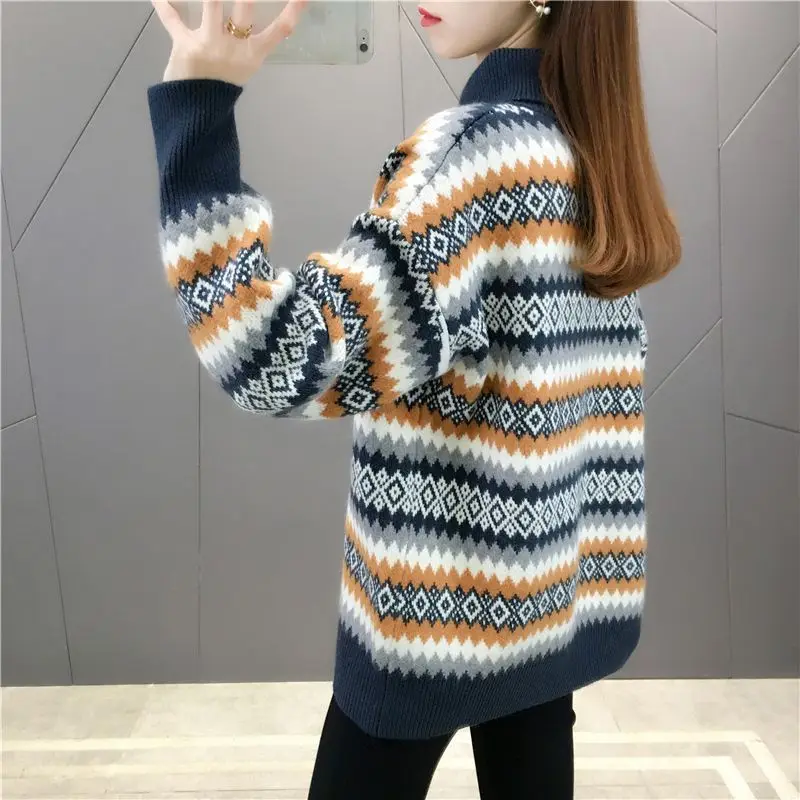 Vintage Turtleneck Warm Sweater Women Autumn Winter Fashion Striped Long Sleeve Knitwear Office Lady All-match Knitting Tops