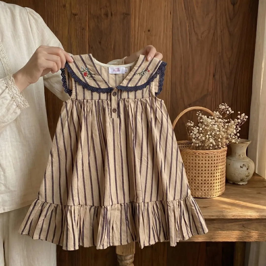 Baby Girl Pure Cotton Princess Dress Summer New Style Girls' Striped Embroidered Dress Baby Daily Wear Internet Celebrity Dress