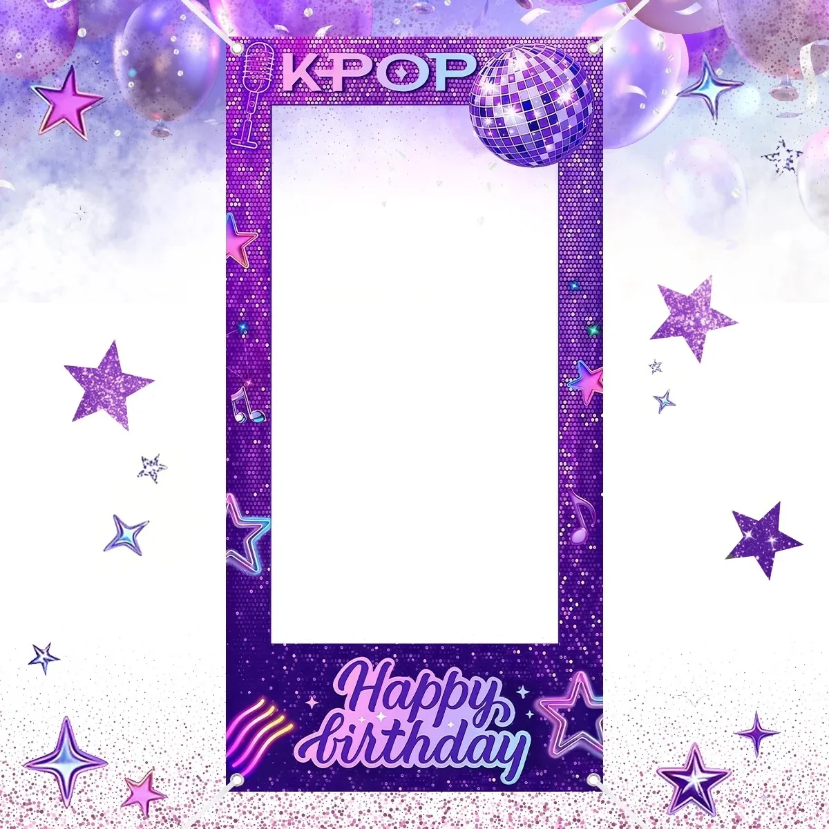 Fundo para Selfie de Festa de Aniversário KPOP, Adereço Fotográfico com Glitter Roxo, Bola de Discoteca, Estrela e Nota Musical para Decoração de Festa Musical