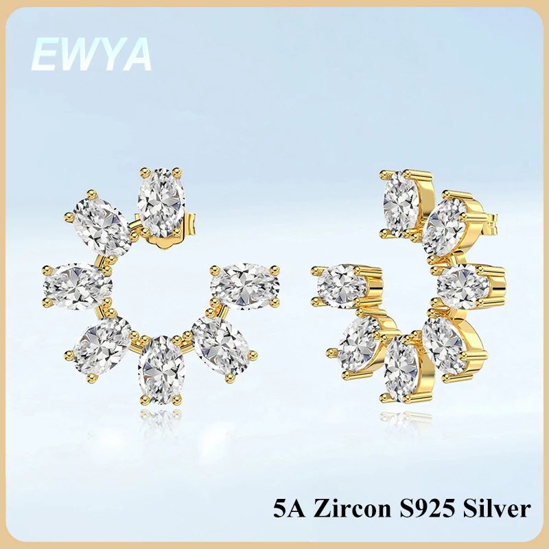 EWYA S925 Sterling Silver Oval 5A Cubic Zirconia C Stud Earrings for Women Open C-Shape Fan Studs Luxury Wedding Party Jewelry