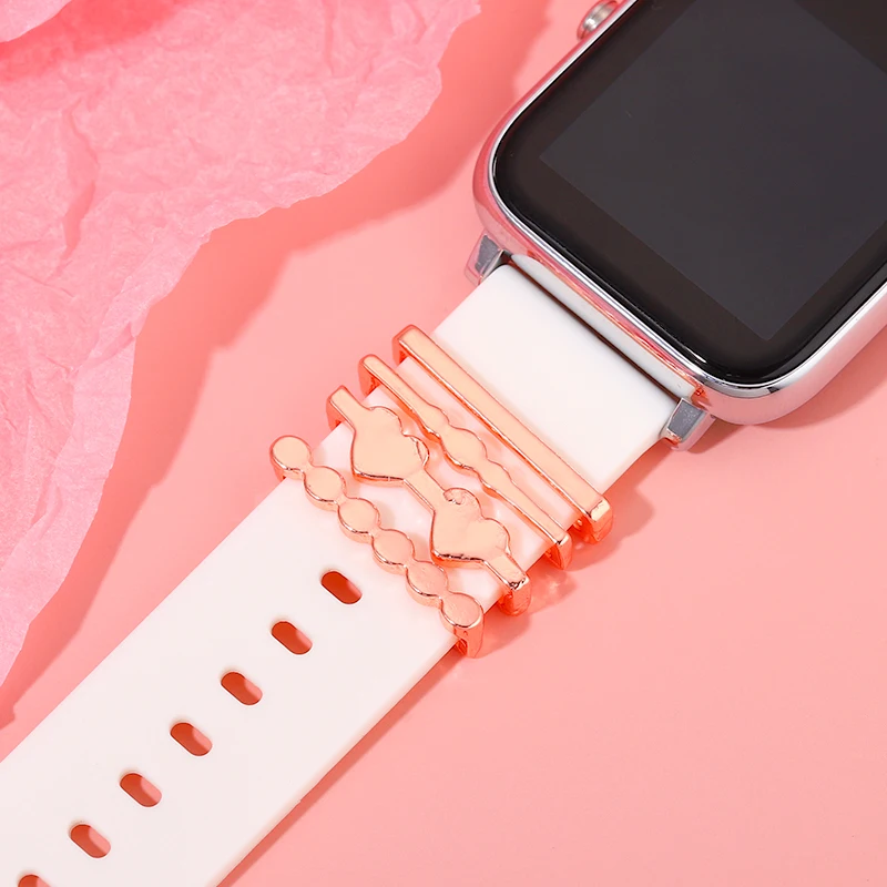 Watchband Charms for Silicone Strap Metal Round Heart Ring Set Decorative Charms for Apple Watch Strap Bracelet Jewelry Charm