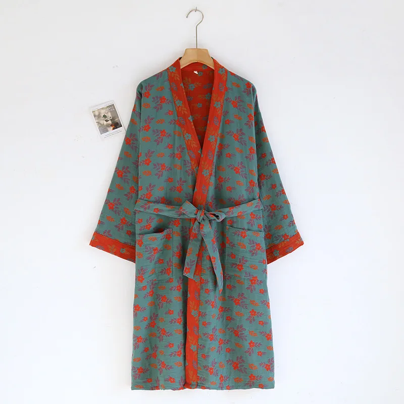 Women's Printed 100%Cotton Loose Fitting Bathrobe Japanese Style Kimono with Belt Bathrobe Sweat Steaming Pajamas Robes Women