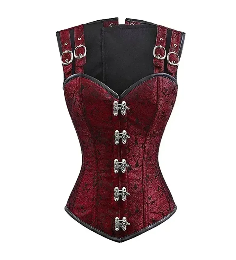 

Steampunk Gothic Corset Tops with Shoulder Strap Women Goth Brocade Steel Boned Overbust Bustier Pirate Role Play Costume