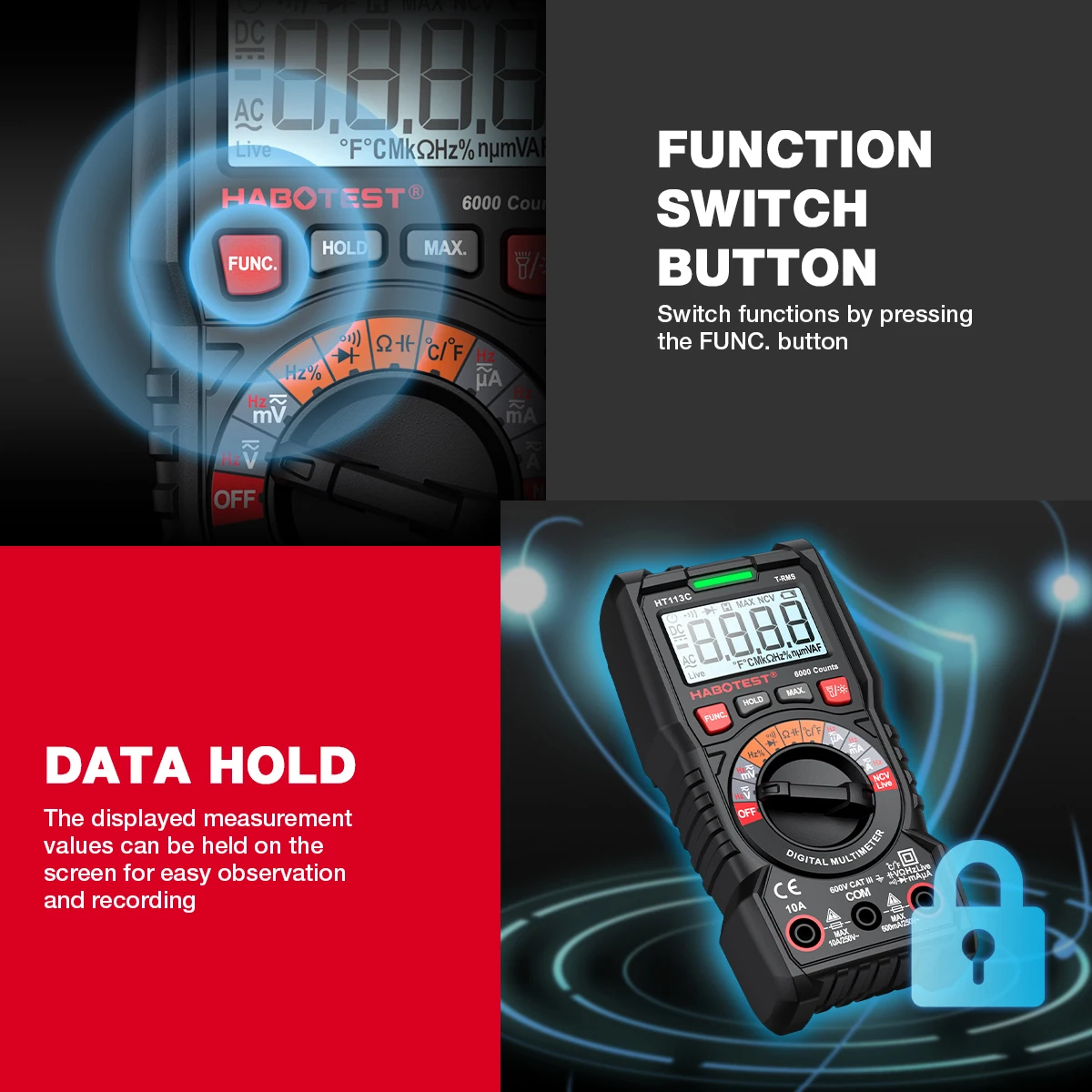 HABOTEST HT113 Digital Multimeter True-RMS AC/DC Voltmeter Ammeter Multimetro DMM Resistance Ohm Cap Hz Temp Tester