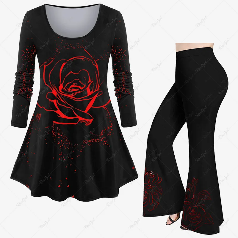 Casual Matching Set for Women 3D Rose Flower Bloody Leaf Eagle Flame Print Long Sleeves T-shirt or Pull On Flare Pants Set