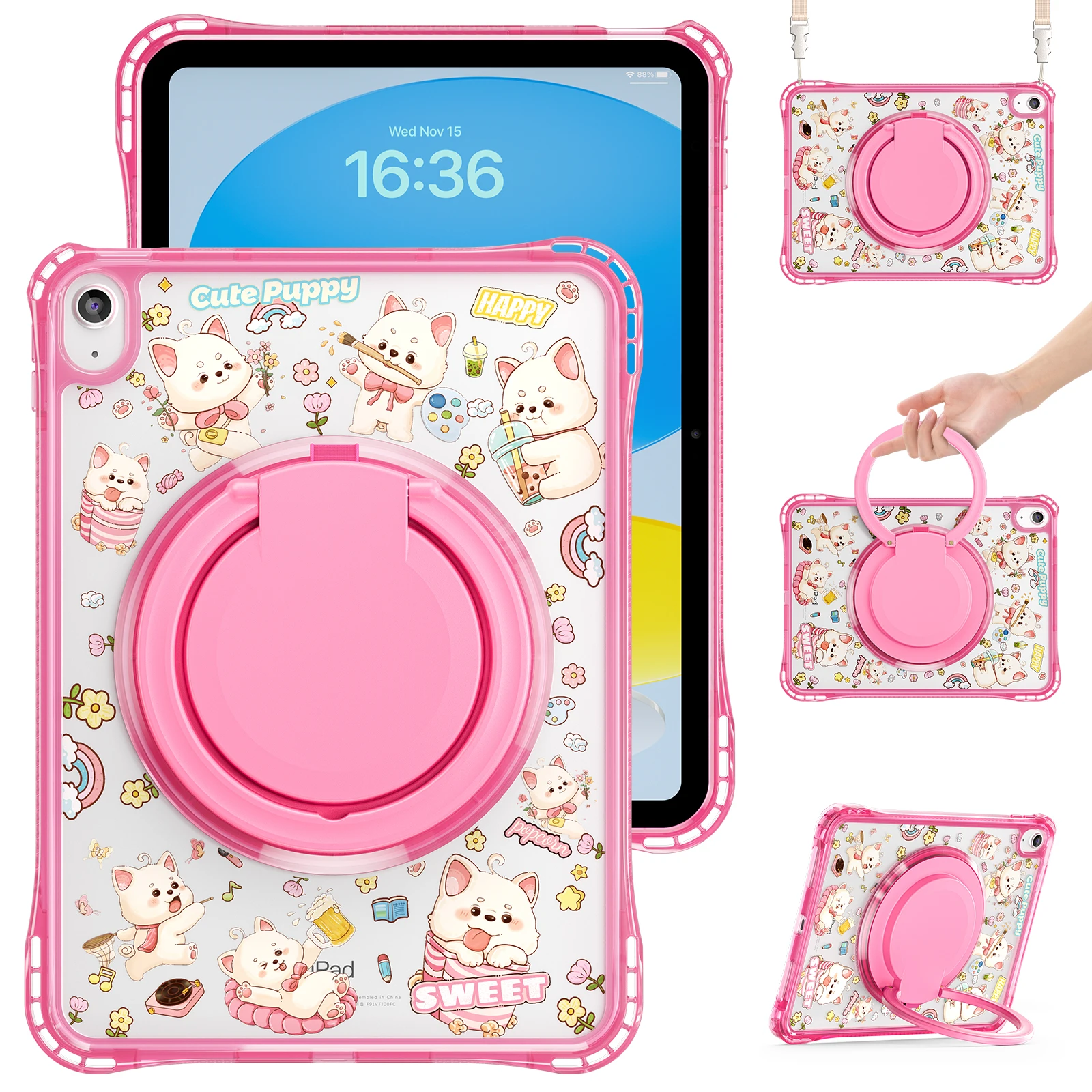 

For iPad (2025) / iPad 10.9 (2022) Case Kickstand Pattern PC + TPU + Acrylic Tablet Cover with Shoulder Strap - Pink