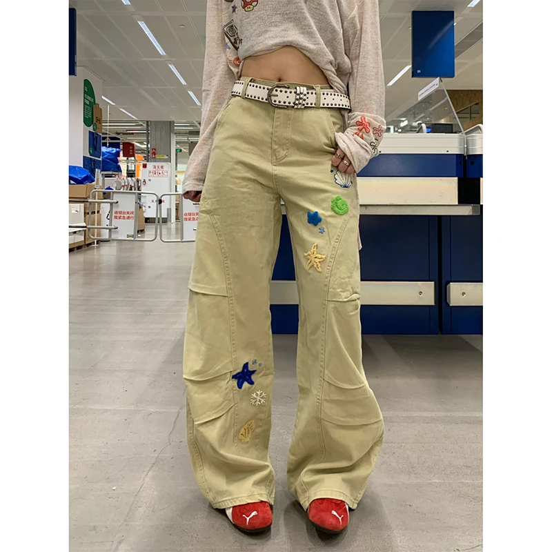 

Женские джинсы абрикосового цвета с граффити, осень 202, винтажные джинсы с высокой талией Y2K, прямая уличная одежда, свободные большие широкие джинсовые брюки