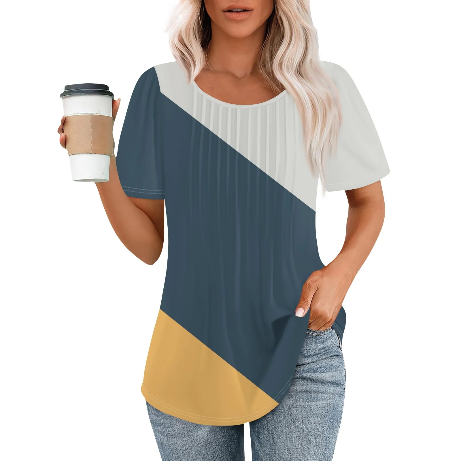 Women's Fashionable Casual top Pleated Round Neck Patchwork t shirt Short Sleeved blouse comfortable Office Lady Tunics traf