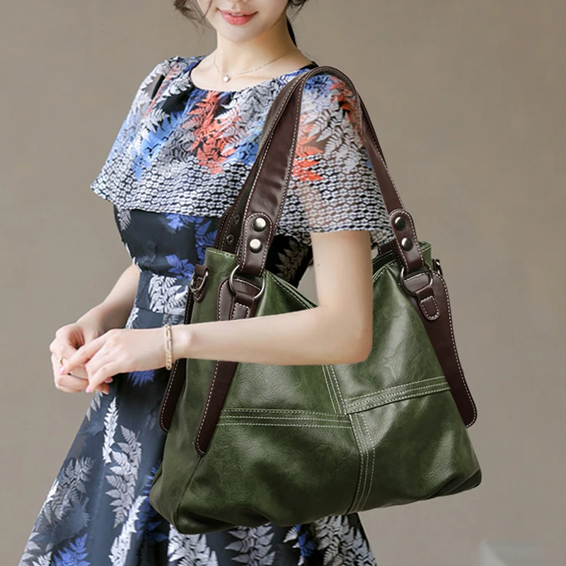Vintage Women PU Leather Tote Bag Vintage Contrast Color Ladies Shoulder Handbag Removable Strap for Daily Shopping Travel