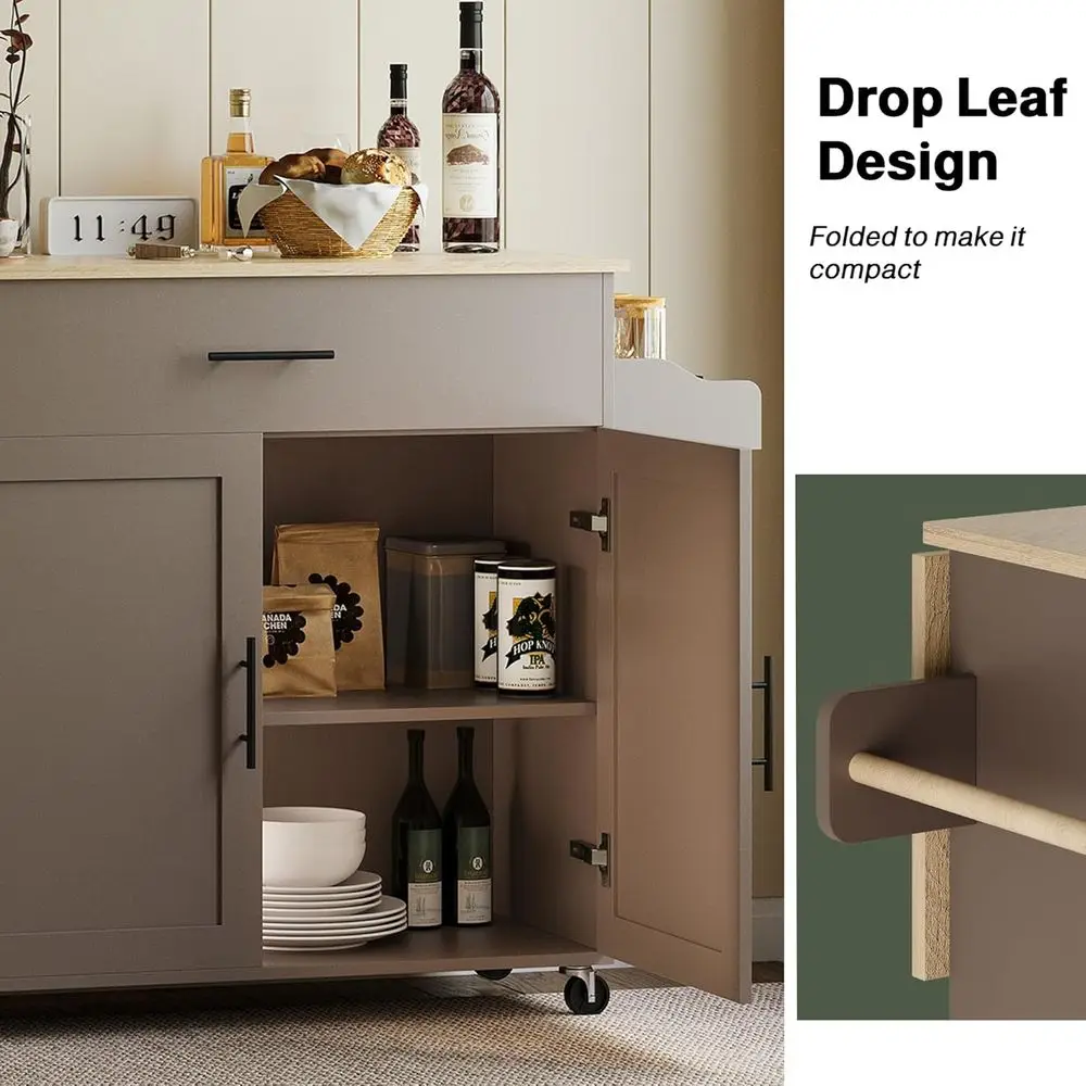 جزيرة مطبخ من الخشب الصلب بقدرة 47 وات مع أوراق شجر متدلية، درج، تخزين، رف توابل ومنشفة، رمادي داكن