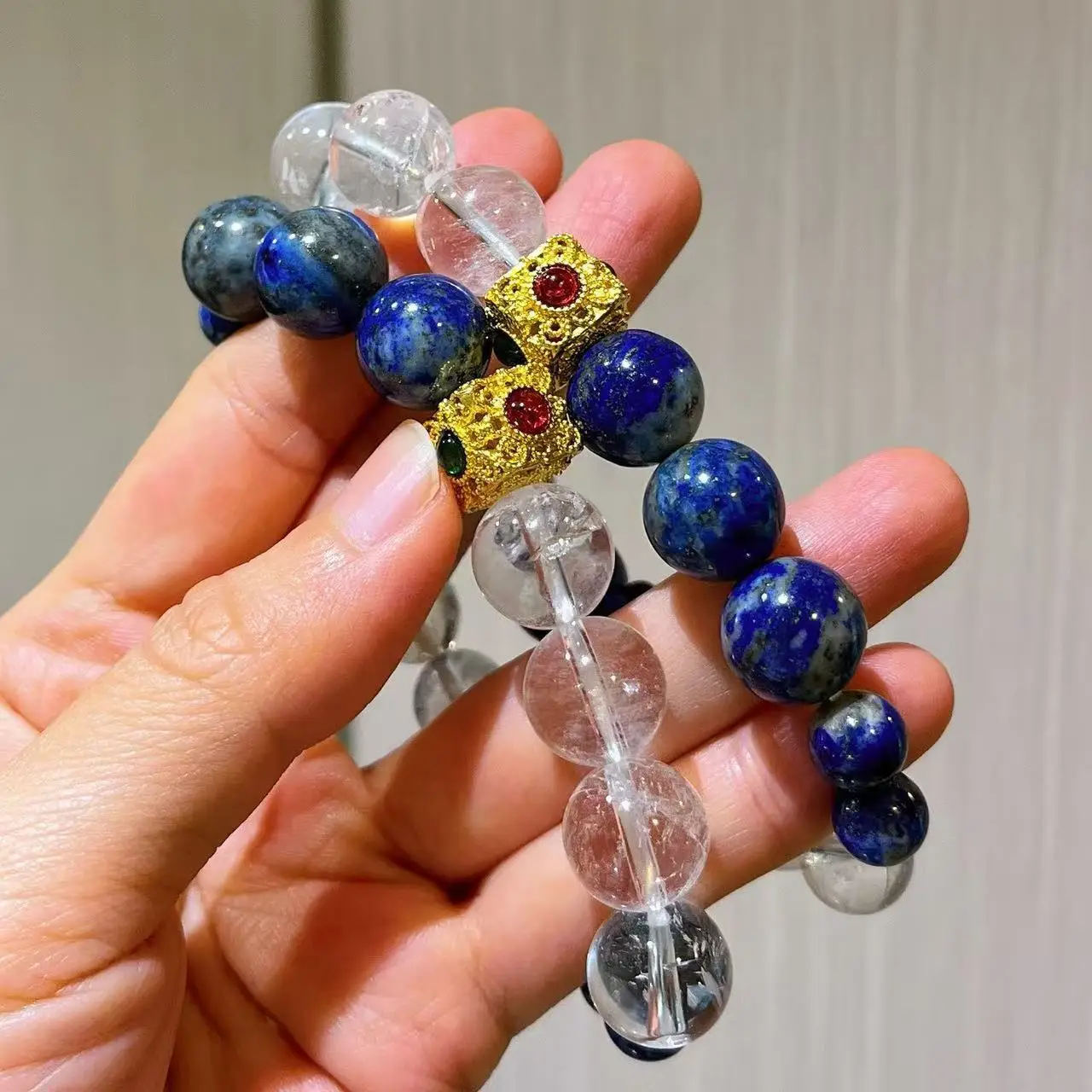 Healing Clear Quartz & Lapis Lazuli Color-Block Bracelet, Natural Gemstone for Clarity & Wisdom, Stackable Daily Wear