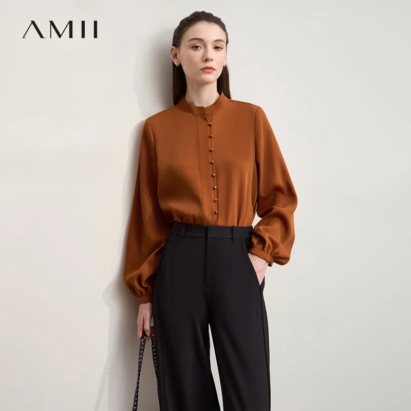 

AMII Women's Shirt 2025 Autumn New Stand-up Collar Chiffon Versatile Shirt Women's Solid Elegant Long Sleeves Top Female12523174