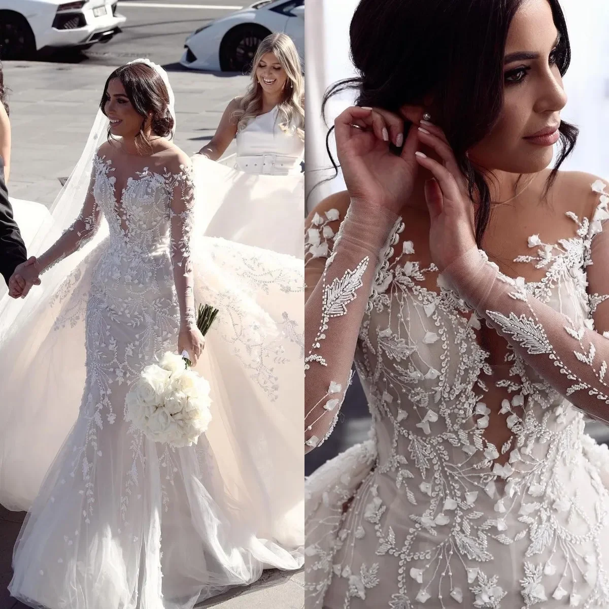 Customized 2026 Elegant Mermaid Chiffon Applique Sequin Princess Wedding Dress Slim Fit Sexy Ball Bridal Gown Vestido De Novia