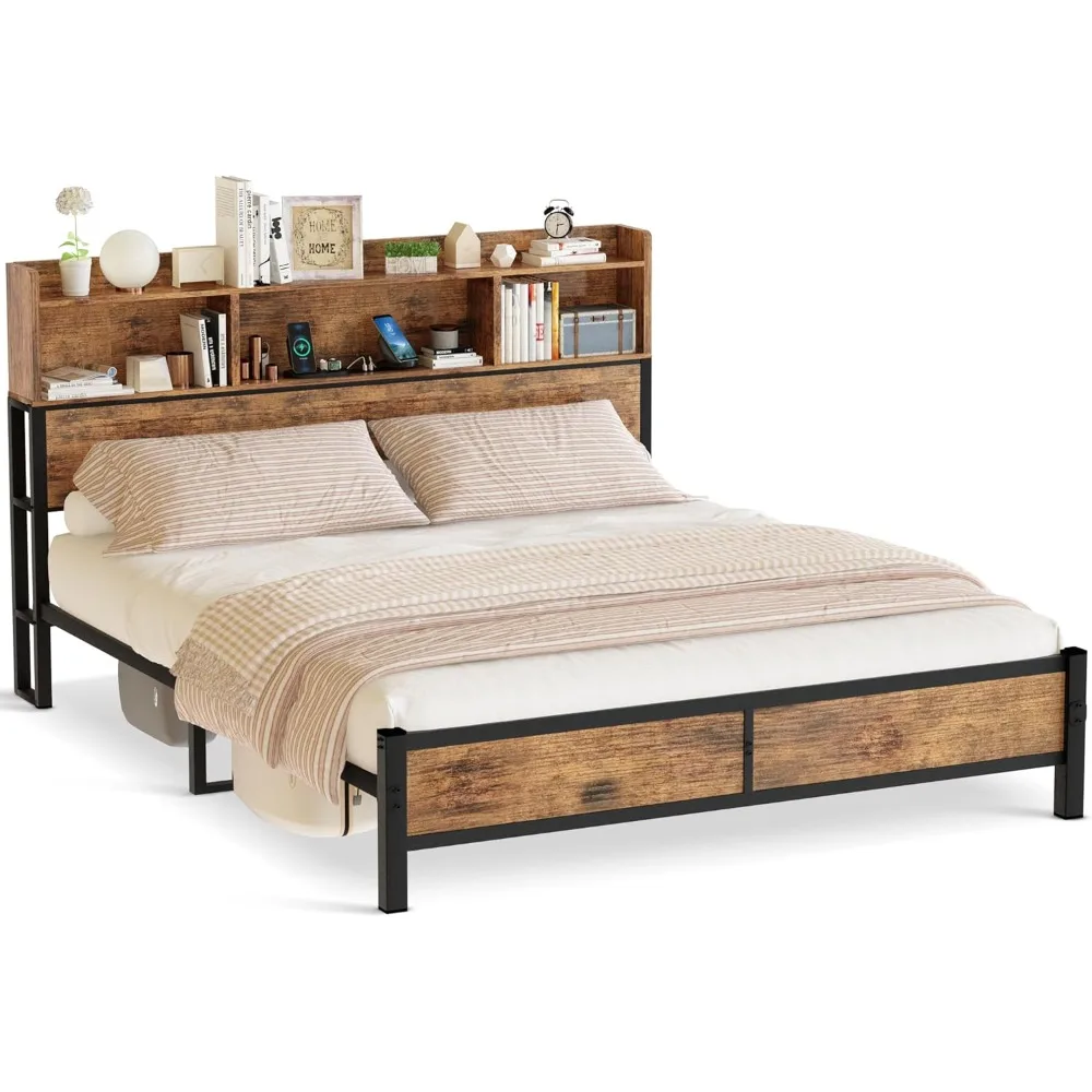 

Bed Frame with Storage Headboard and Charging Station,Metal Platform Bed Queen with Bookcase Storage,No Box Spring Needed