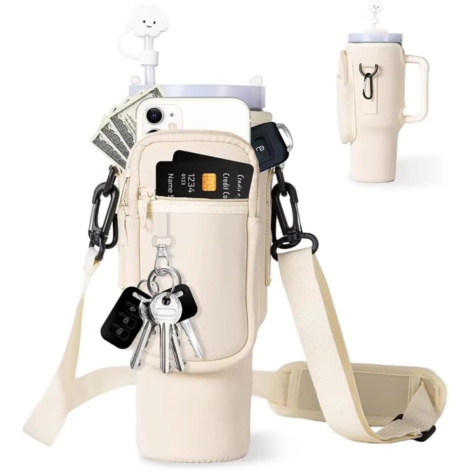 

Hot 40 OZ Neoprene Shoulder Strap Tumbler Carrier Crossbody Sling Holder with Zipper Phone Pocket