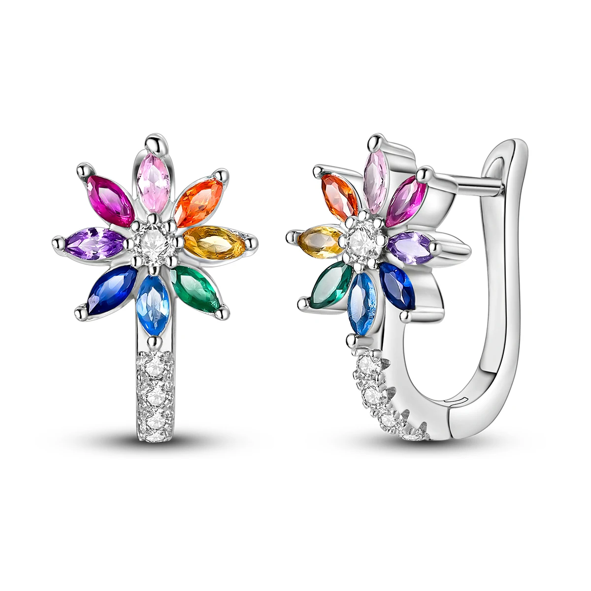 925 Sterling Silver Hope Rainbow Flower Hoop Earrings Sparkling Colorful CZ Floral French Ear Buckle for Women Versatile Jewelry