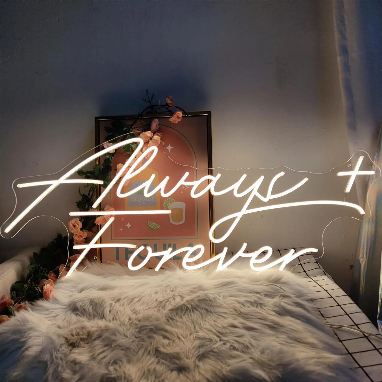 Always Forever Neon Sign Warm White LED Script USB Powered Dimmable Wall Art for Wedding Bedroom Anniversary Romantic Gift