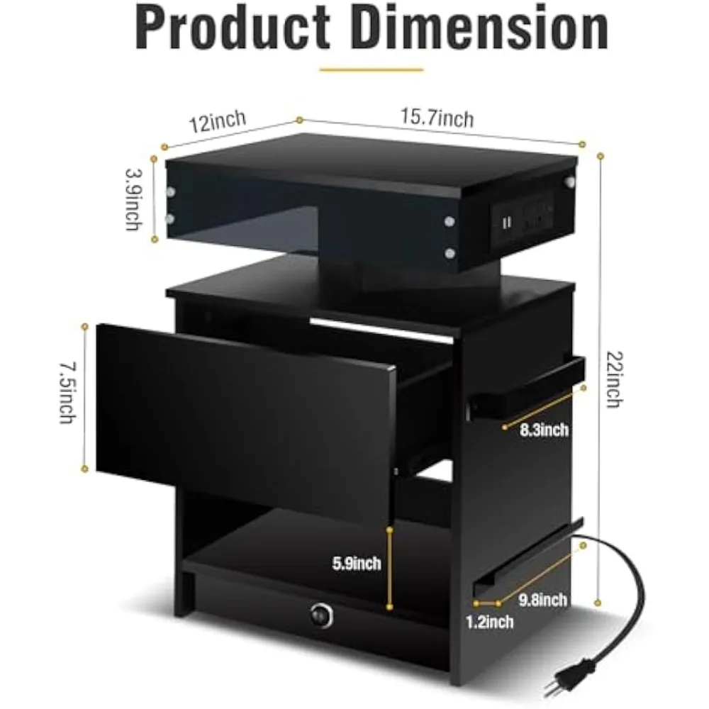 Nightstand Set 2,Nightstand with Charging Station,Induction Light and LED Light,Bedside Table with Drawers,Modern End Side Table