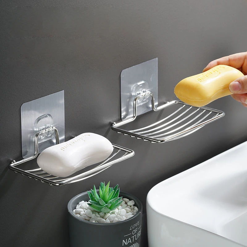

No Punching Soap Dish Holder Stainless Steel Bathroom Wall-Mounted Holder Self Adhesive Kitchen Spong Storage Rack Accessories