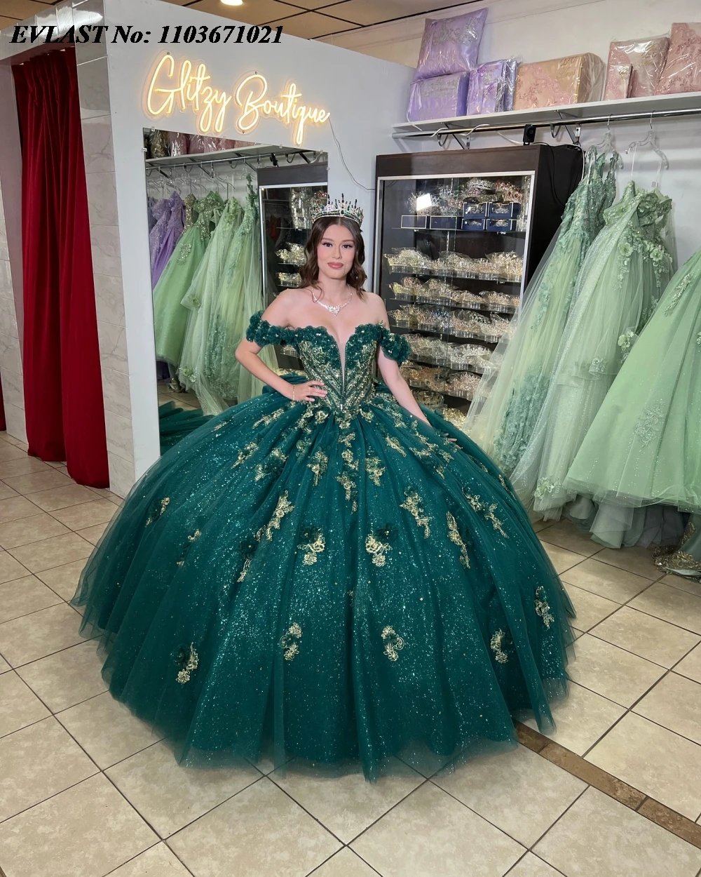 EVLAST Maßgeschneidertes grünes Quinnceanera-Kleid, Ballkleid, glänzende Spitze, Perlenstickerei, Schleife, Korsett, Sweet 16, Vestidos de 15 Anos SQ641