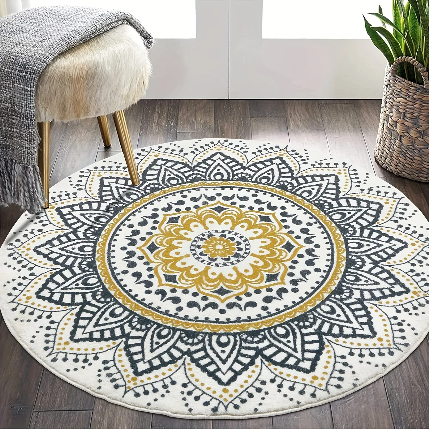 Round Bohemian Floral Pattern Area Mat 8mm Thick Faux Cashmere Non-Slip Washable Soft and Stylish for Living Room Bedroom