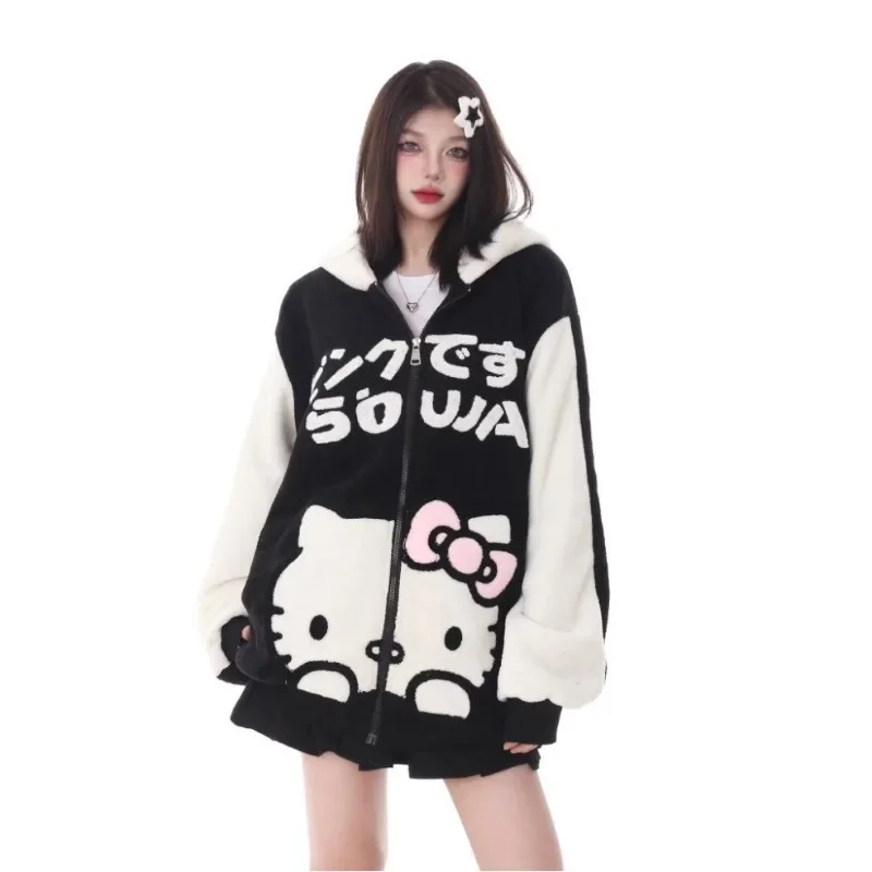 Sanrio Hello Kitty Plush Jacket Women Autumn Winter Korean Long Sleeve Hooded Coat Thick Warm Couple Streetwear Outerwear Gifts