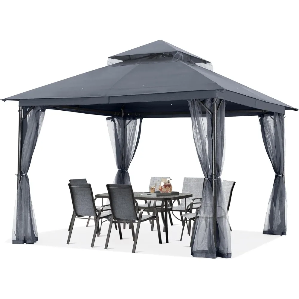 

Outdoor Patio Gazebo 11x11 - Double Roof Canopy With Mosquito Netting For Backyard, Deck, Garden, Lawn, Dark Gray