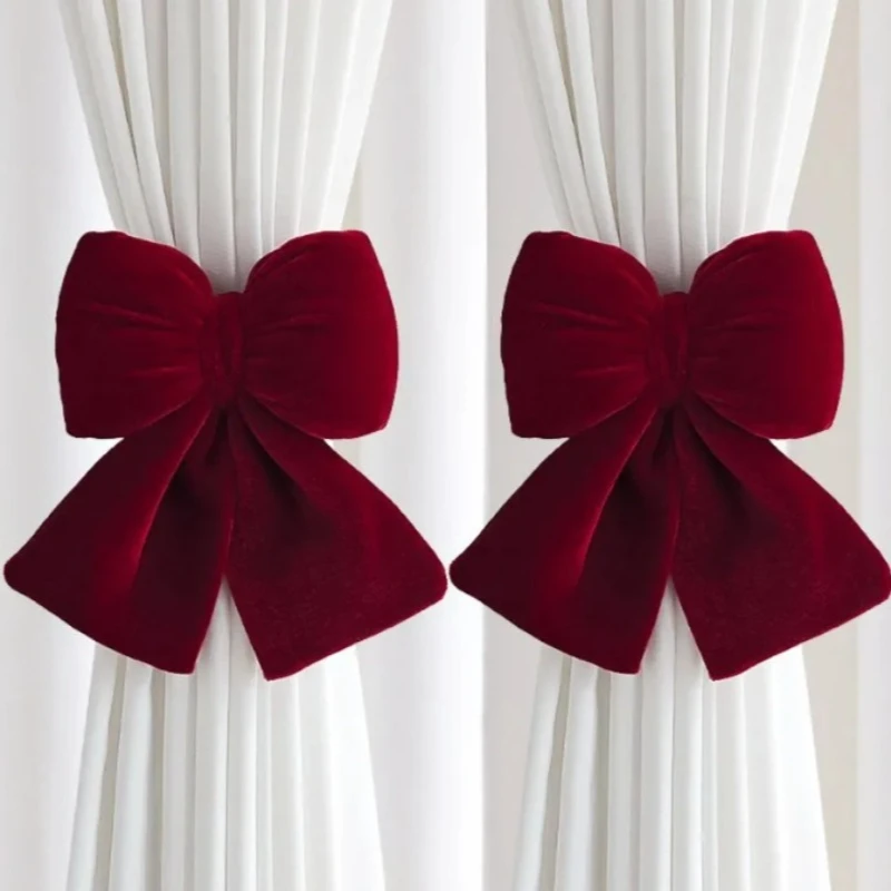 2PCS Burgundy Velvet Curtain Tie Back Decorative Buckle With Bowknot Hanging Ornament Multi Purpose Curtain Binding Strap