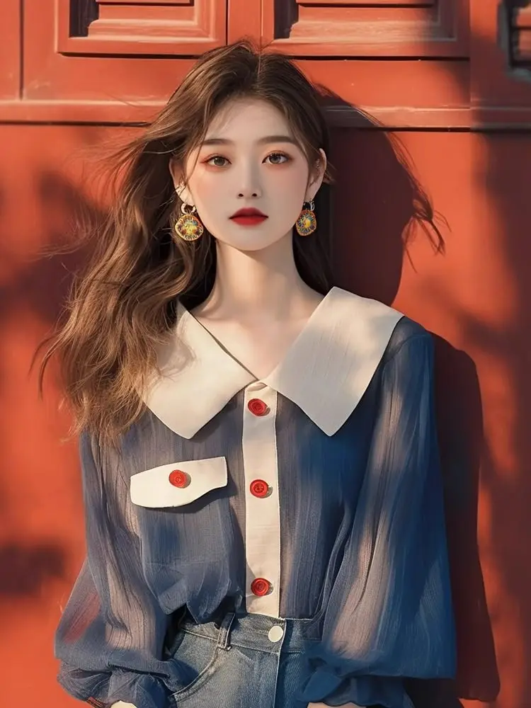 เสื้อชีฟองแขนยาวทรงโคมไฟสไตล์เรโทรสำหรับผู้หญิง เสื้อทำงานลำลองทรงโอเวอร์ไซส์