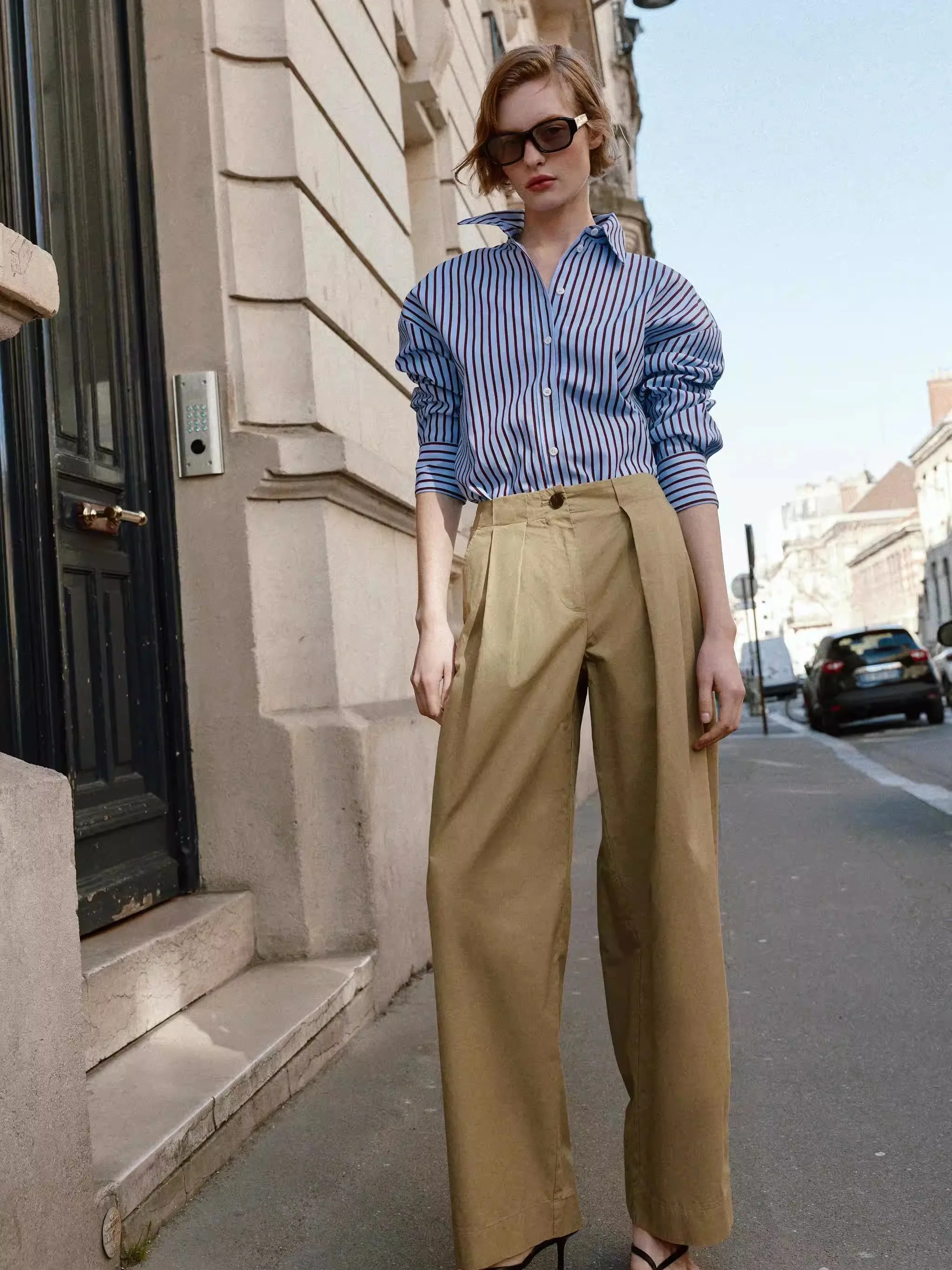 

Spring New Arrival Women's Fashion Mid-Waist Casual Commute Pleated Bucket Pants Straight Leg Long Trousers