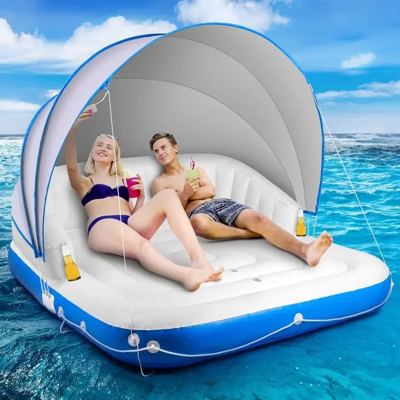 Floating Island with Canopy, Heavy Duty Inflatable Water Lounger Raft with 2 Cup Holders for Adults Lake Pool，Outdoor Furniture