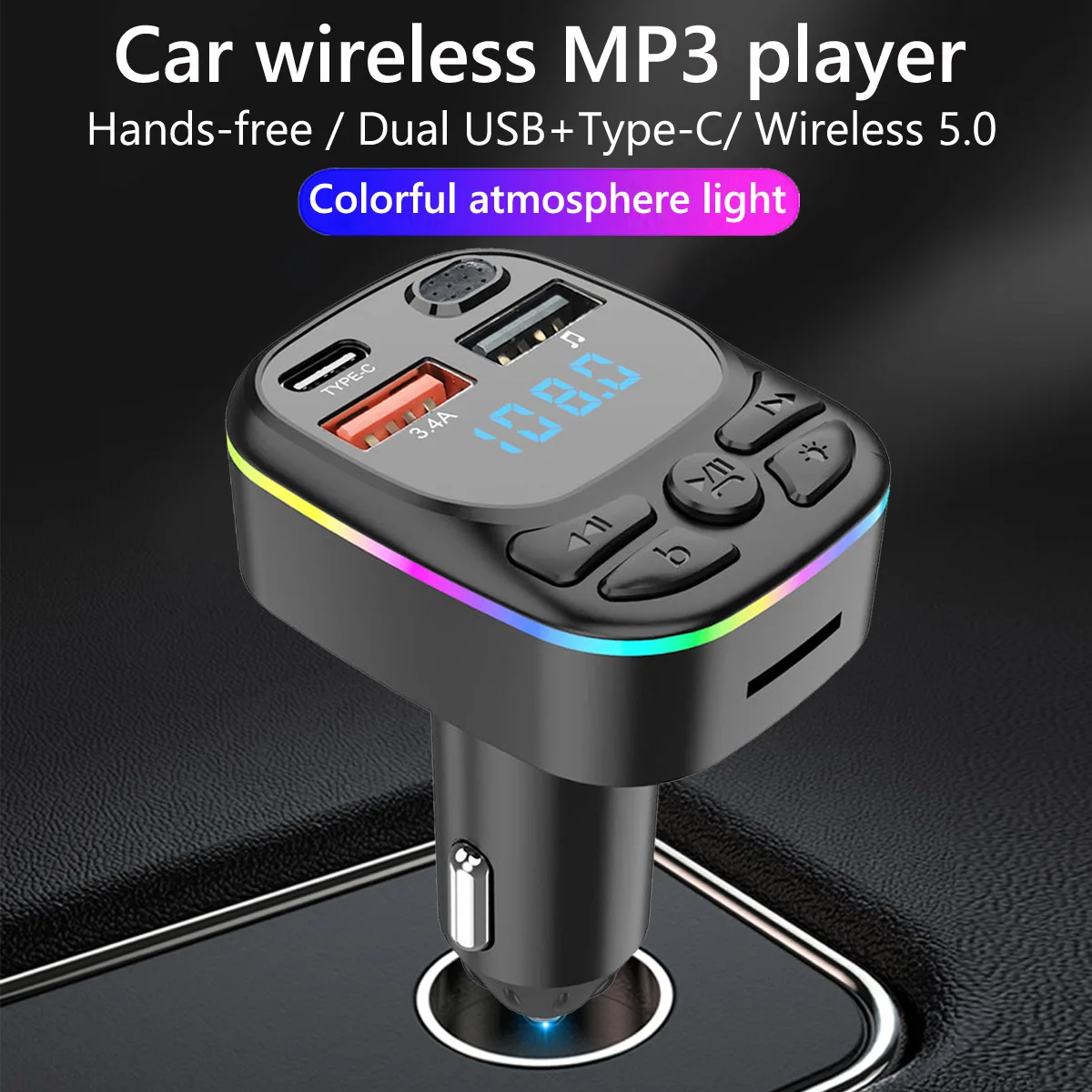 FM Transmitter Support TF Card U Disk Car MP3 Player Dual USB C Type C Car Charger Phone Charging Handsfree Calling Car Kit